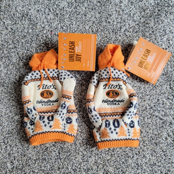 Two Tito's Vodka Bottle Fairisle Embroidered Hooded Sweater Orange White Nwt - Picture 1 of 3